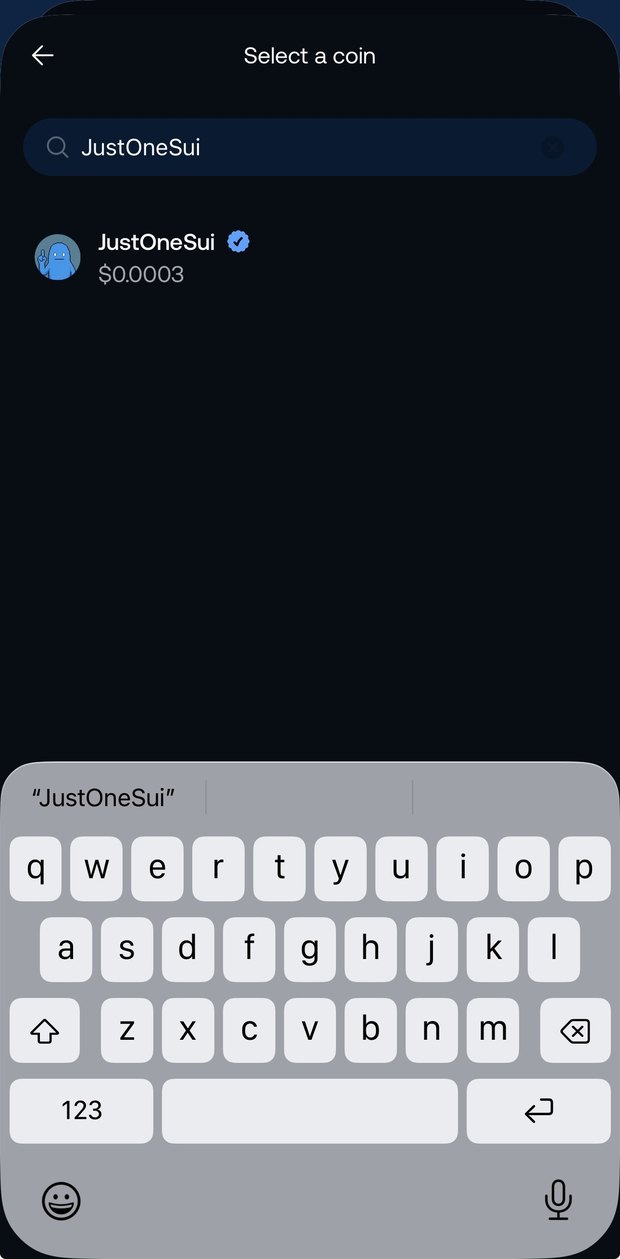 Searching JustOneSui in Slush, showing the verified blue tick