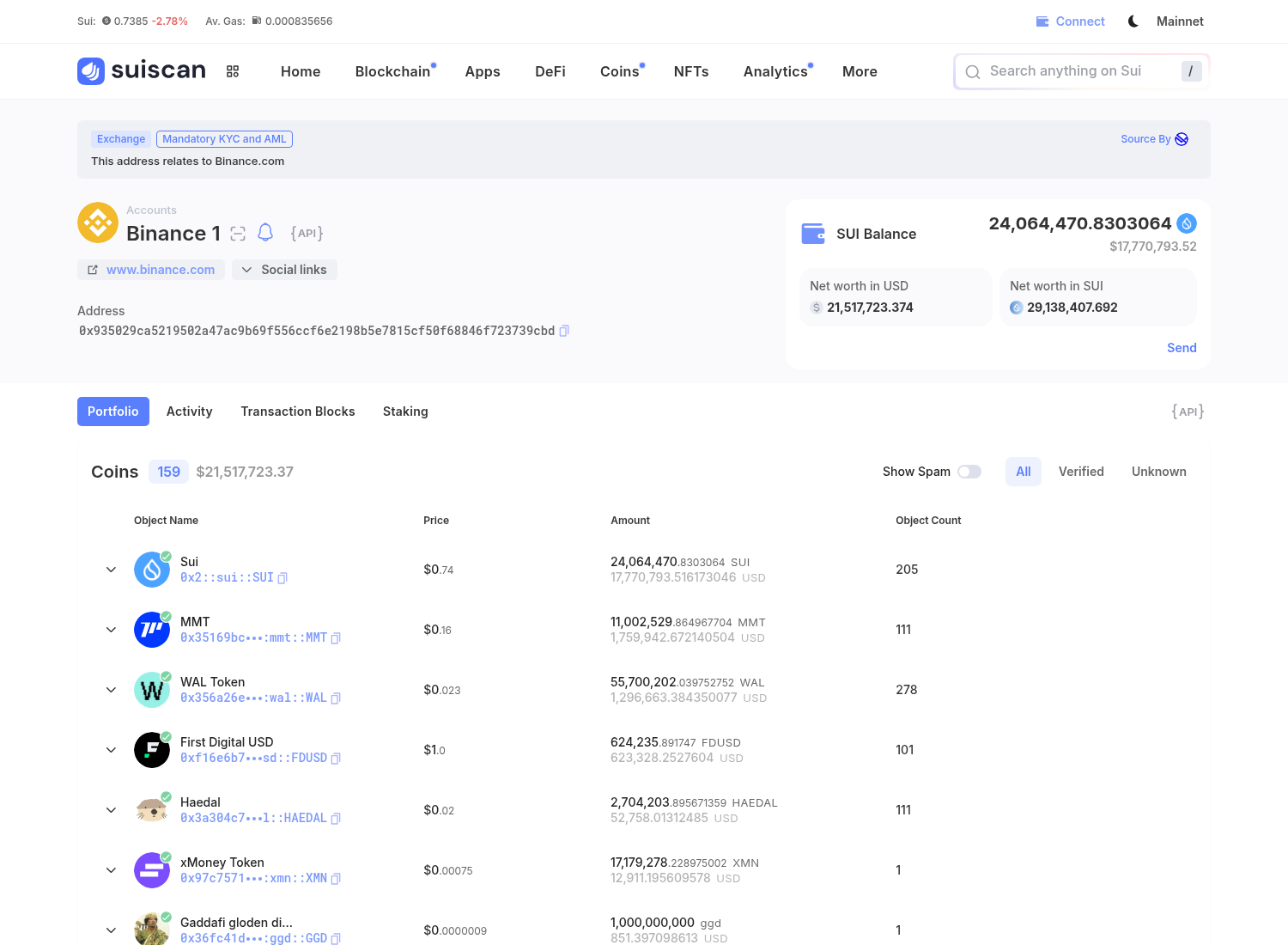 Suiscan showing the receiving wallet labelled Binance 1
