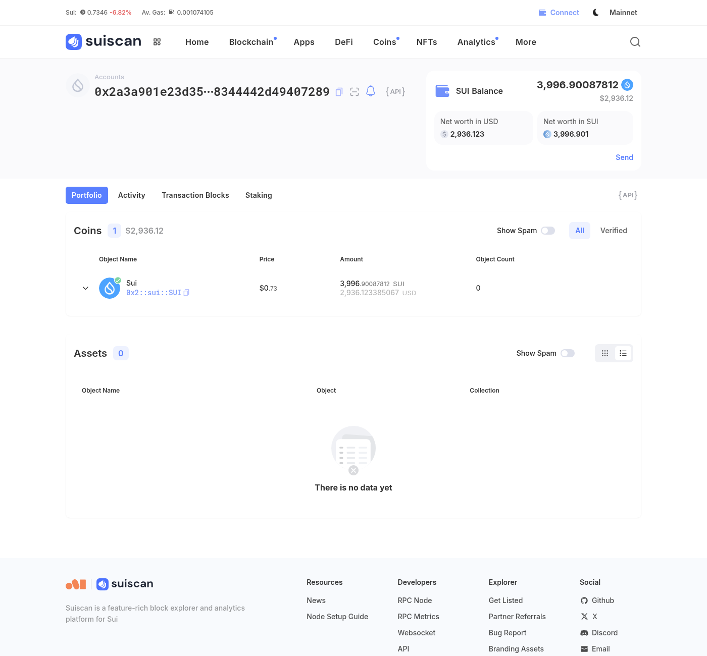Suiscan account page for the holding wallet